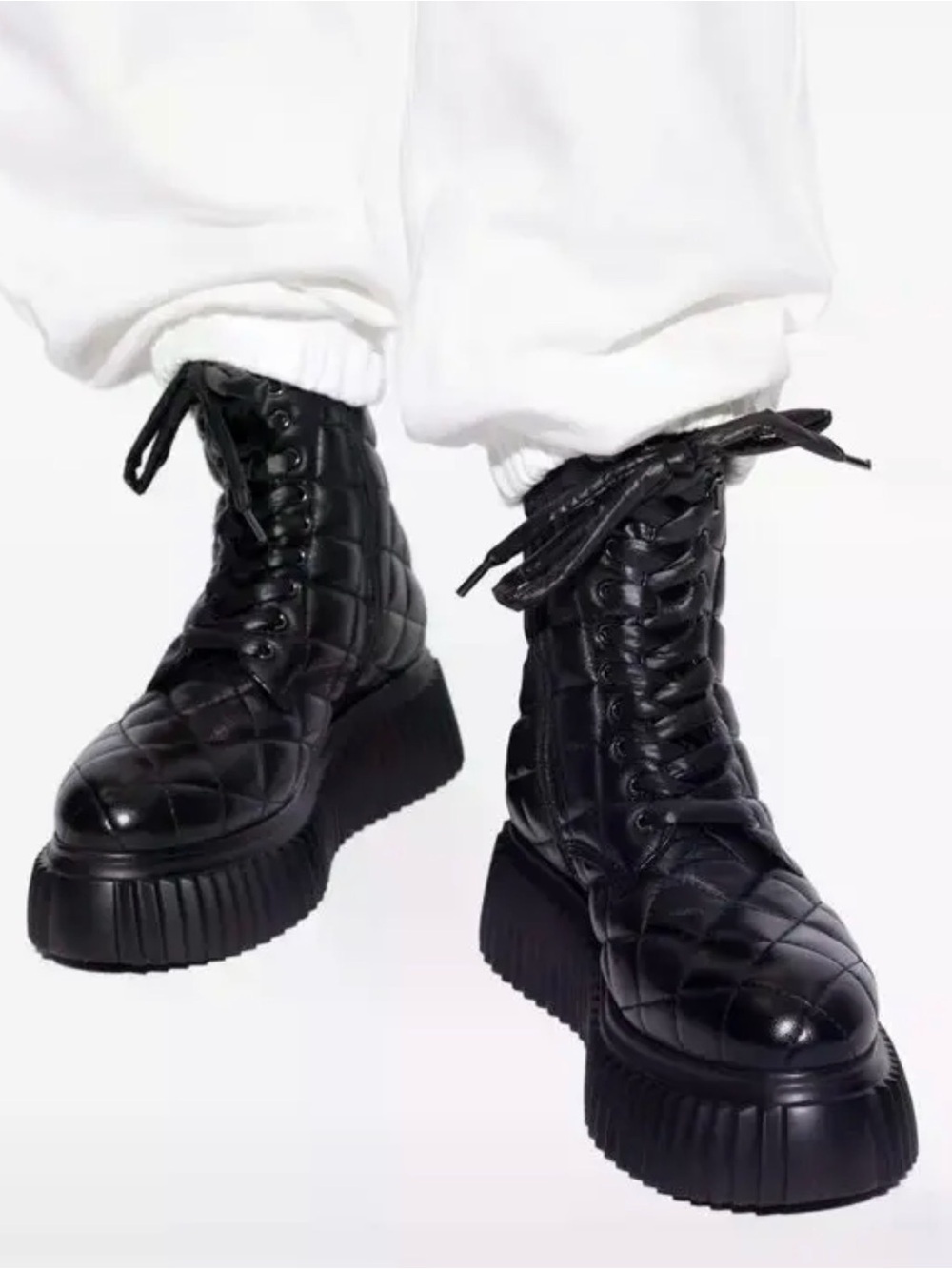 Agl Black Quilted Lace-Up Platform Combat Boots made in Italy - Picture 2 of 6